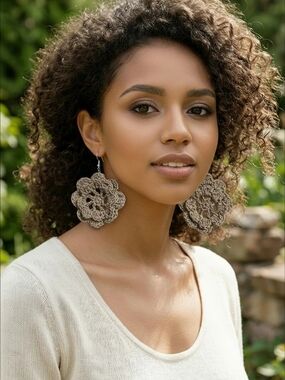 Handcrafted Beige Crochet Flower Drop Earrings